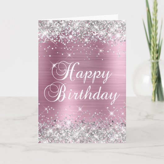 Dekorative Silver Glitzer Pink Foil Happy Birthday Karte (Vorderseite)
