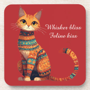 Dekorative Zierkatze mit Blumen Boho Kunst Getränkeuntersetzer