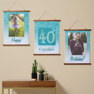 Dekorativer Aquamariner Glitzer 2 Fotos 40. Geburt Wandteppich Mit Holzrahmen