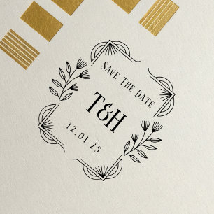 Dekorativer Art Deco Holz-Monogramm Save The Date Gummistempel