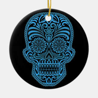 Dekorativer blauer und schwarzer Zuckerschädel Keramikornament