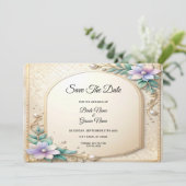 Dekorativer Blumenrahmen mit Perlen Save The Date (Stehend Vorderseite)