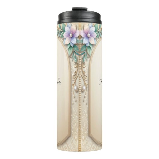 Dekorativer Blumenrahmen mit Perlen Thermosbecher (Vorderseite)