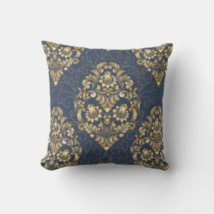 Dekorativer Damast Goldblauer Blumenmuster Kissen