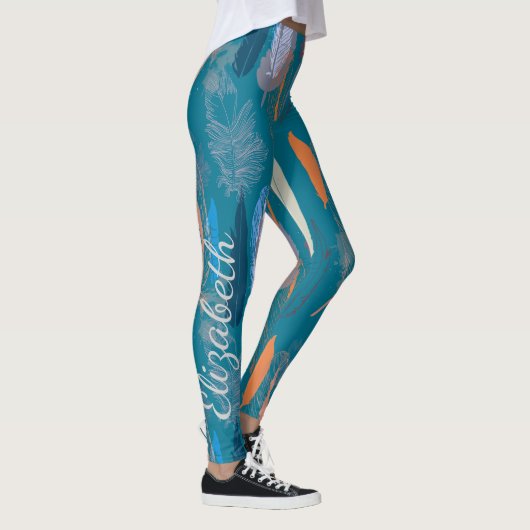 Dekorativer Feder-Entwurf in blauem Leggings (Rechts)