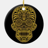 Dekorativer gelber und schwarzer Zuckerschädel Keramikornament (Hinten)