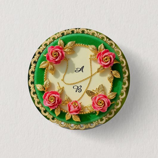 Dekorativer grüner Randteller mit rosa Rose Button (Vorderseite)