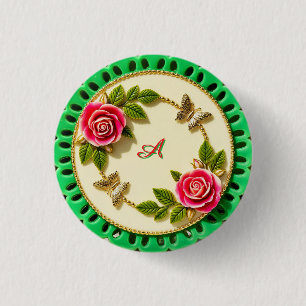 Dekorativer grüner Randteller mit rosa Rose Button