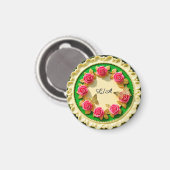Dekorativer grüner Randteller mit rosa Rose Magnet (Vorderseite/Rückseite)