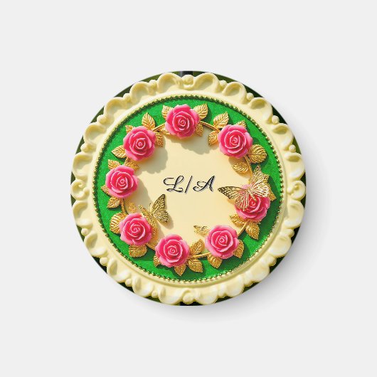 Dekorativer grüner Randteller mit rosa Rose Magnet (Vorne)