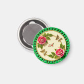 Dekorativer grüner Randteller mit rosa Rose Magnet (Vorderseite/Rückseite)
