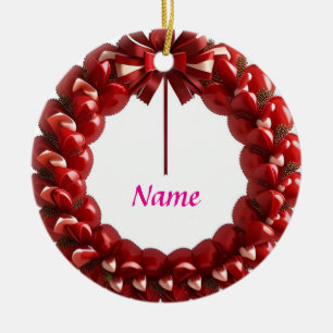 Dekorativer Herz-Kranz mit hellroten Herzen  Keramik Ornament