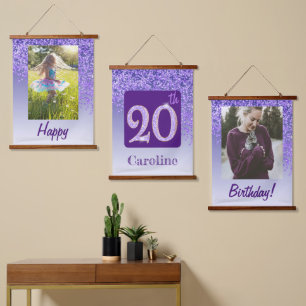 Dekorativer lila Glitter 2 Fotos 20. Geburtstag Wandteppich Mit Holzrahmen