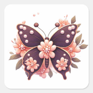 Dekorativer rosa floraler Schmetterling Quadratischer Aufkleber