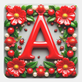 🐞 Dekorativer roter Buchstabe A Marienkäfer Mohn Quadratischer Aufkleber