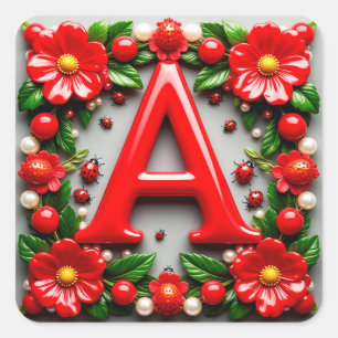 🐞 Dekorativer roter Buchstabe A Marienkäfer Mohn Quadratischer Aufkleber