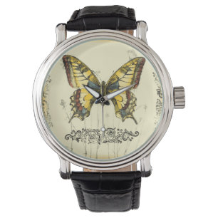 Dekorativer Schmetterling mit Wildblumen Armbanduhr