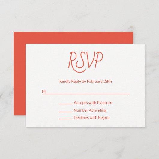 Dekorativer Schriftart Modernes Orange Rot und Wei RSVP Karte (Vorne/Hinten)