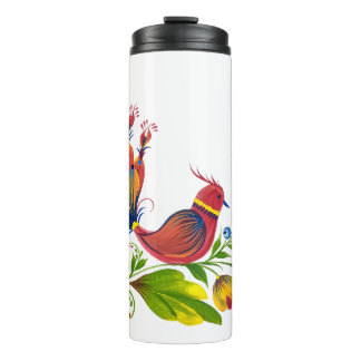 Dekorativer Vogel mit Blumen und Beeren Thermosbecher