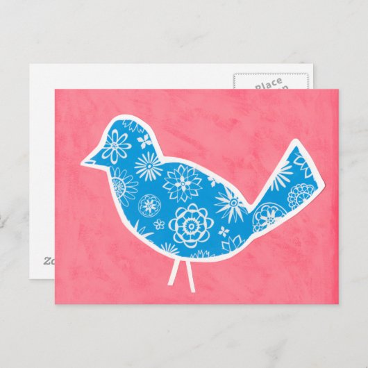 Dekorativer Vogel mit Mustern auf rosa Hintergrund Postkarte (Vorne/Hinten)