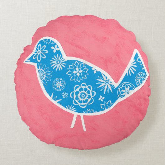Dekorativer Vogel mit Mustern auf rosa Hintergrund Rundes Kissen (Vorderseite)