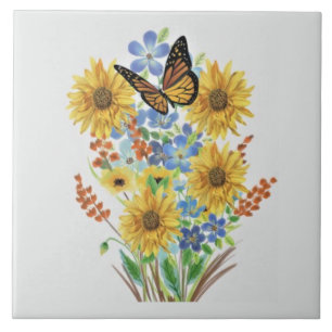 Dekorativer Wildblumenstrauß und Schmetterling  Fliese