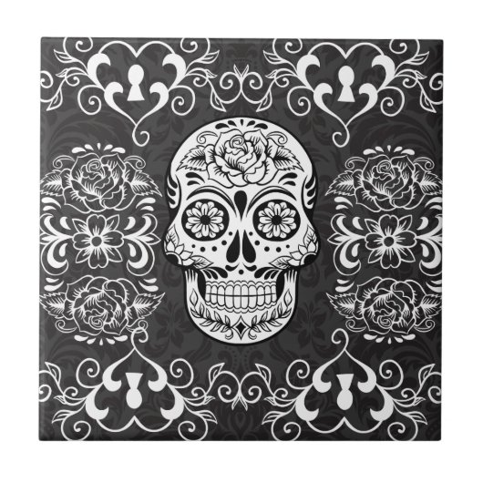Dekorativer Zucker Skull Schwarz-weiß Gothic Grung Fliese (Vorderseite)