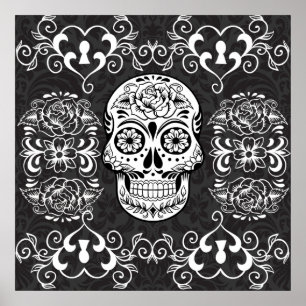 Dekorativer Zucker Skull Schwarz-weiß Gothic Grung Poster