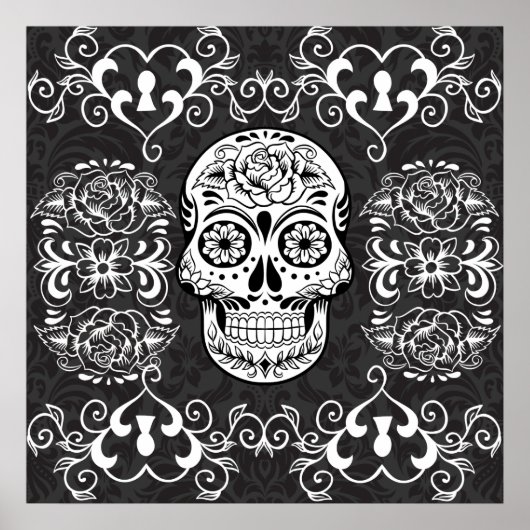 Dekorativer Zucker Skull Schwarz-weiß Gothic Grung Poster (Vorne)
