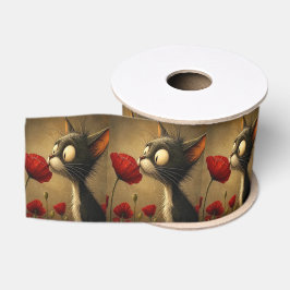 Dekoratives Band Schwarz-Weiß-Katze rote Blume  Ripsband