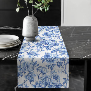 Dekoratives blaues französisches Toile-Rosen-Blume Großer Tischläufer