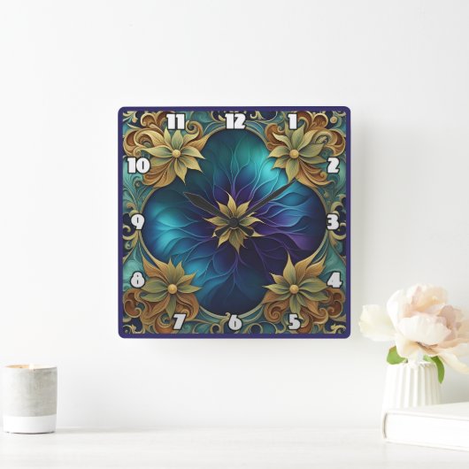Dekoratives Blumendesign mit türkisfarbenem Hinter Quadratische Wanduhr (Zuhause)
