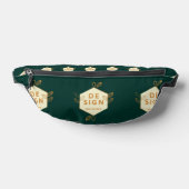 Dekoratives cremefarbenes Sechseck-Logo auf dunkle Bauchtasche (Ablage )