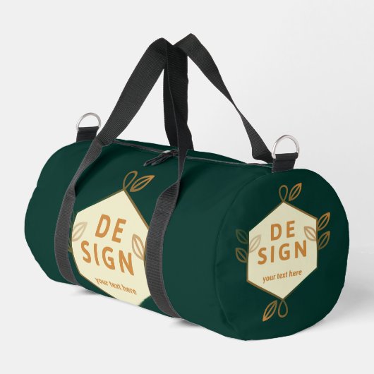 Dekoratives cremefarbenes Sechseck-Logo auf dunkle Duffle Bag (Linke Seite)