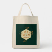 Dekoratives cremefarbenes Sechseck-Logo auf dunkle Tragetasche (Rückseite)