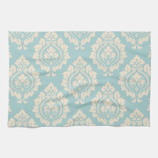 Dekoratives Damast-Muster - Creme auf Blau Geschirrtuch (Horizontal)