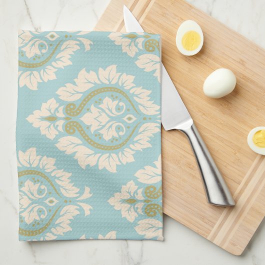 Dekoratives Damast-Muster - Creme u. Gold auf Blau Handtuch (Viertel Falte)