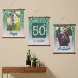 Dekoratives grünes Glitter 2 Fotos 50. Geburtstag Wandteppich Mit Holzrahmen