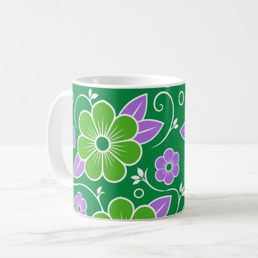 Dekoratives grünes und violettes Blumenmuster Kaffeetasse (Vorderseite Links)