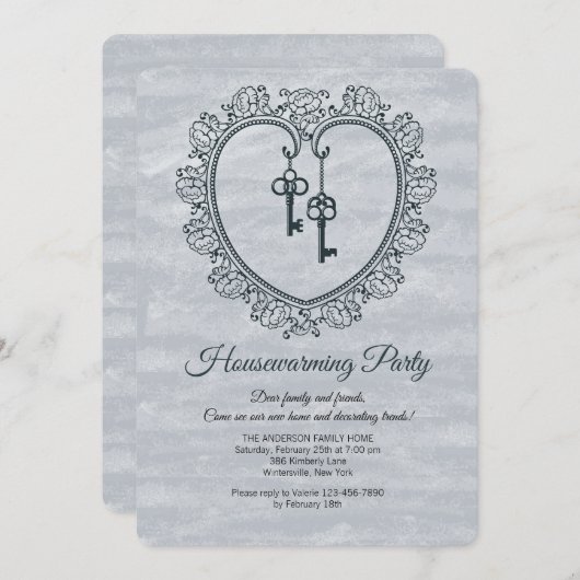 Dekoratives Herzund Schlüsselhousewarming-Party Einladung (Vorne/Hinten)