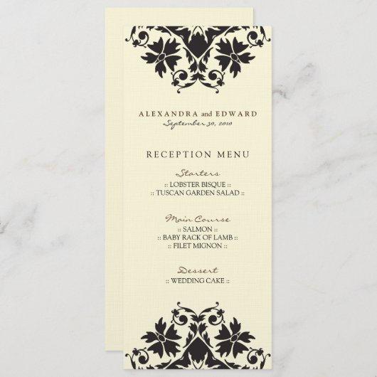 Dekoratives Hochzeitsmenü der Briefmarke (schwarz) Menükarte (Vorne/Hinten)