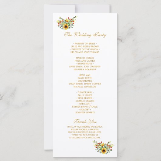 Dekoratives Hochzeitsprogramm für Sommer-Blume (Rückseite)