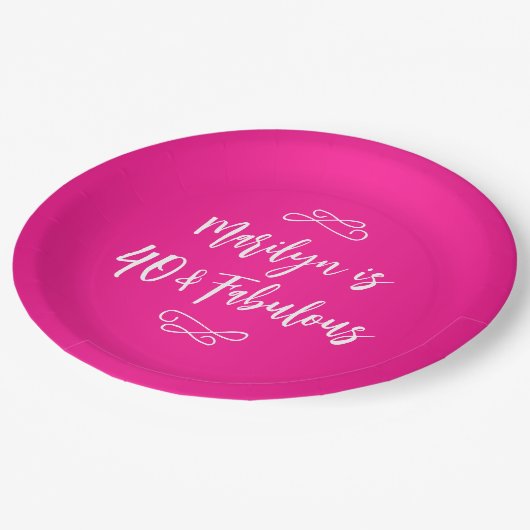 Dekoratives Hot Pink und White Script 40 & Fabulou Pappteller (Schrägansicht)