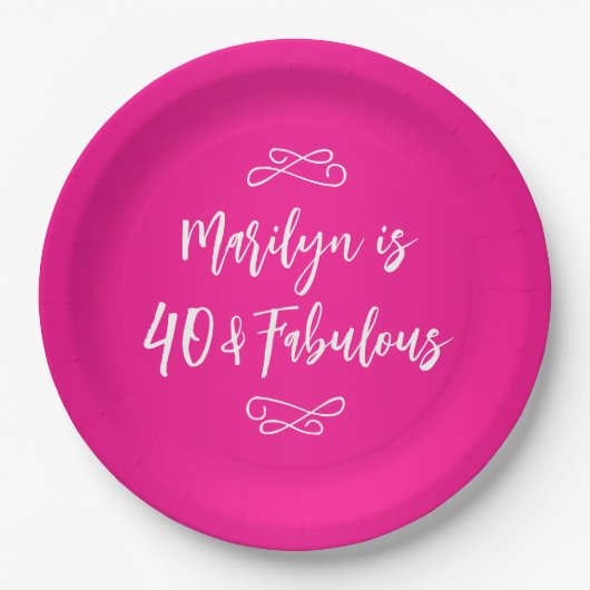 Dekoratives Hot Pink und White Script 40 & Fabulou Pappteller (Vorderseite)