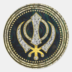 Dekoratives Khanda Symbol mit Edelsteinen u. Gold Runder Aufkleber