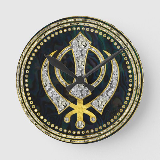 Dekoratives Khanda-Symbol mit Edelsteinen und Gold Runde Wanduhr (Vorderseite)