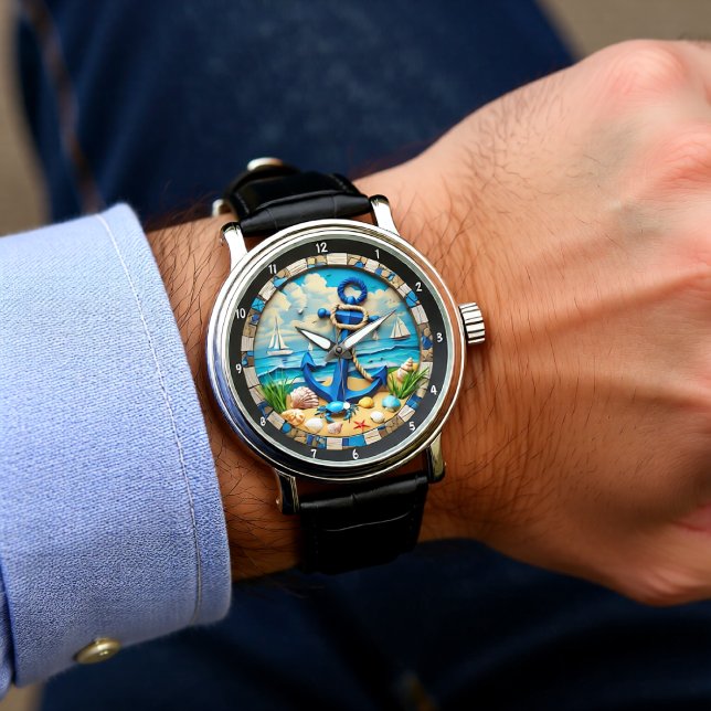 Dekoratives nautisches Merkmal Anker Küstenlandsch Armbanduhr (Von Creator hochgeladen)