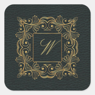 Dekoratives Rahmen-Monogramm auf dunklem Leder Quadratischer Aufkleber