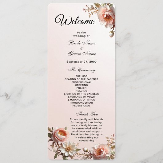 Dekoratives rosa und weißes Blumen Hochzeitsprogra Programm (Vorderseite)