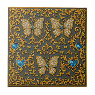 Dekoratives Schmetterlingsdesign in Gold und Blau Fliese